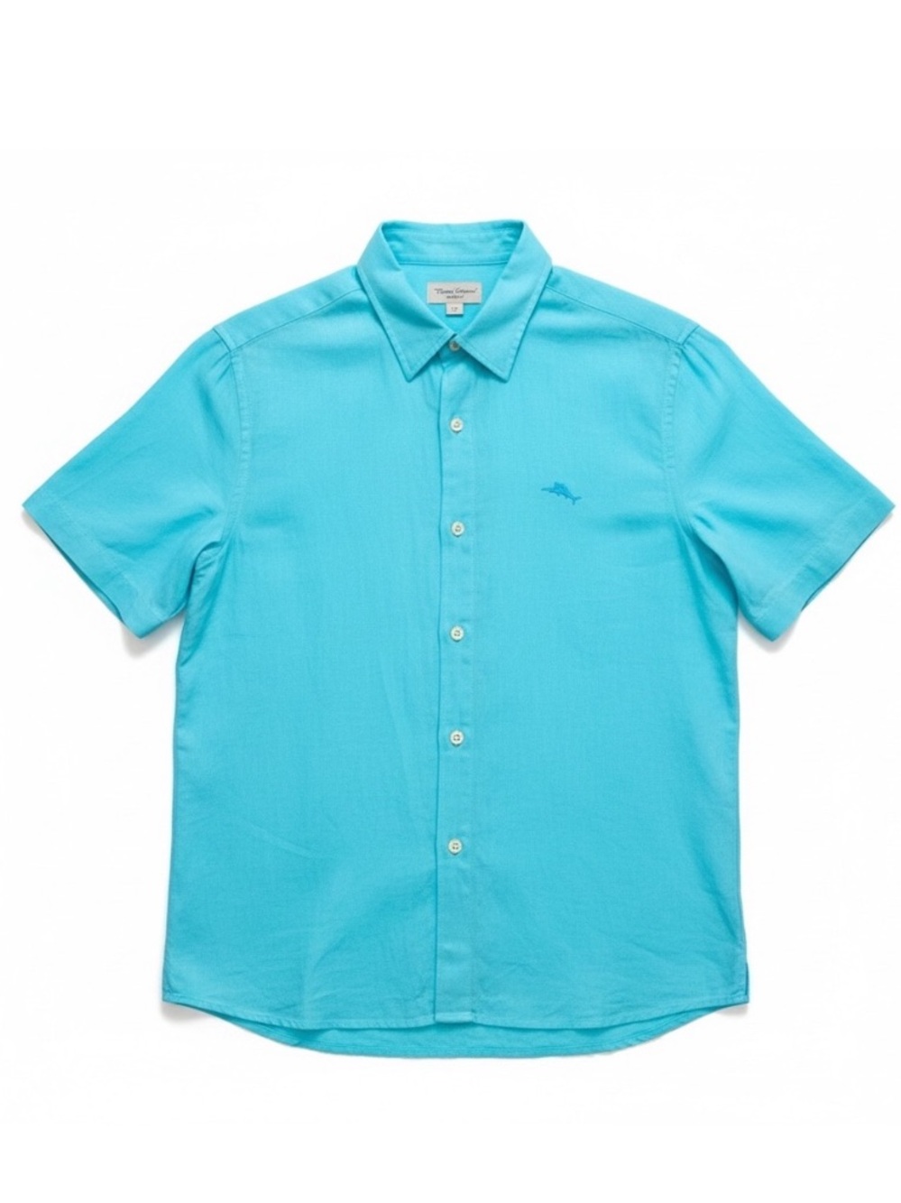 TOMMY BAHAMA MEN'S AQUA MIST SHIRT BLUE LOGO SHORT SLEEVE BUTTON SZ M